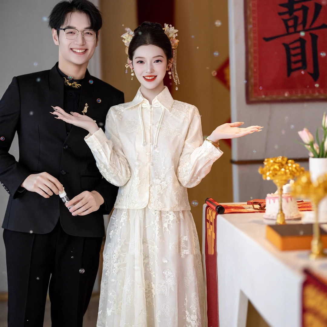 订婚礼服女秋冬敬酒服新娘新中式香槟色新款长袖结婚裙子气质修身