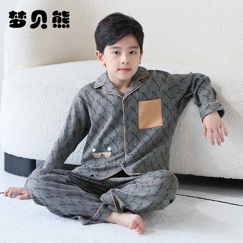 2025春款儿童睡衣男童春秋纯棉长袖开衫洋气男孩中大童全棉家居服