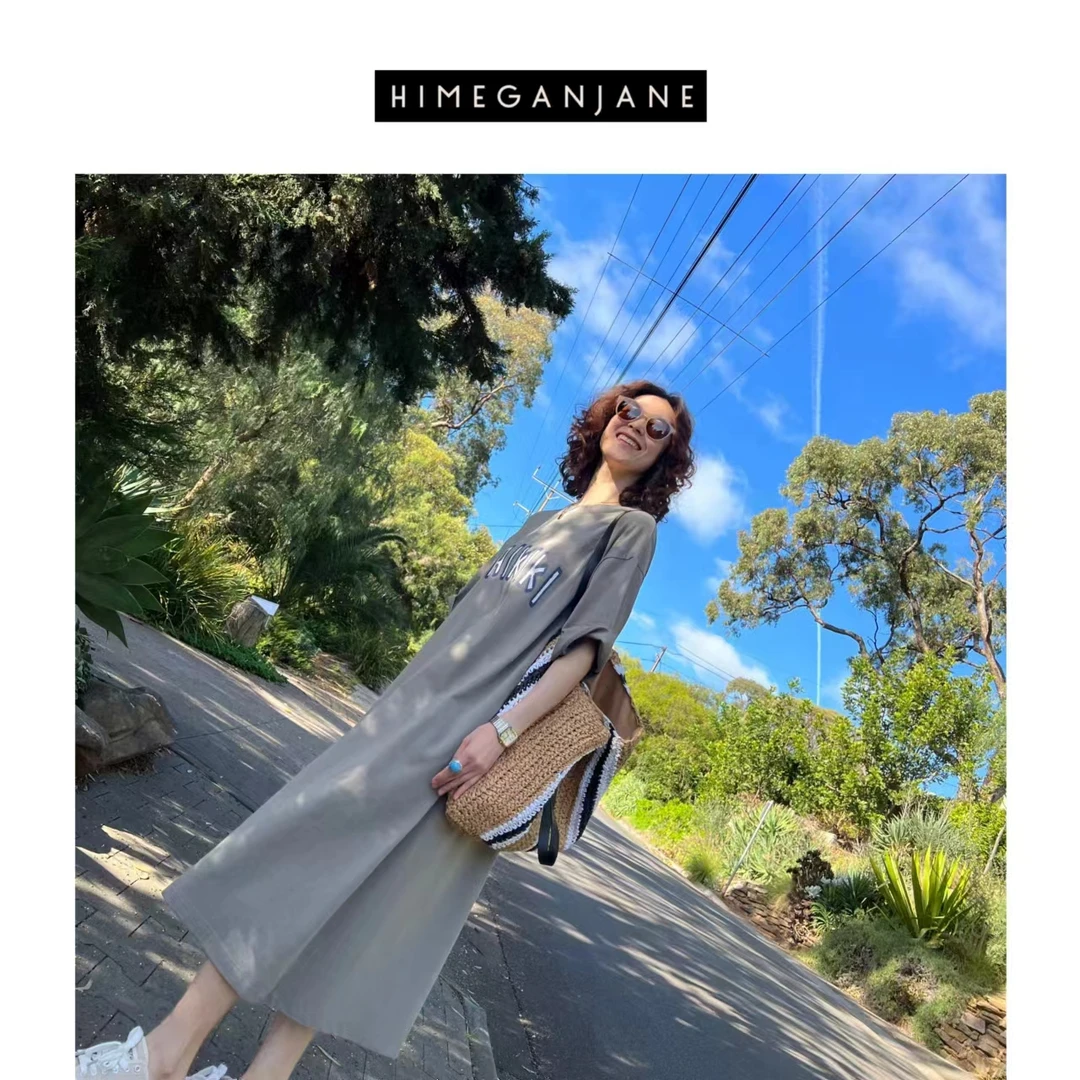 HIMEGANJANE 懒人穿搭经典休闲简约短袖长T裙中长款T裙连衣裙2345