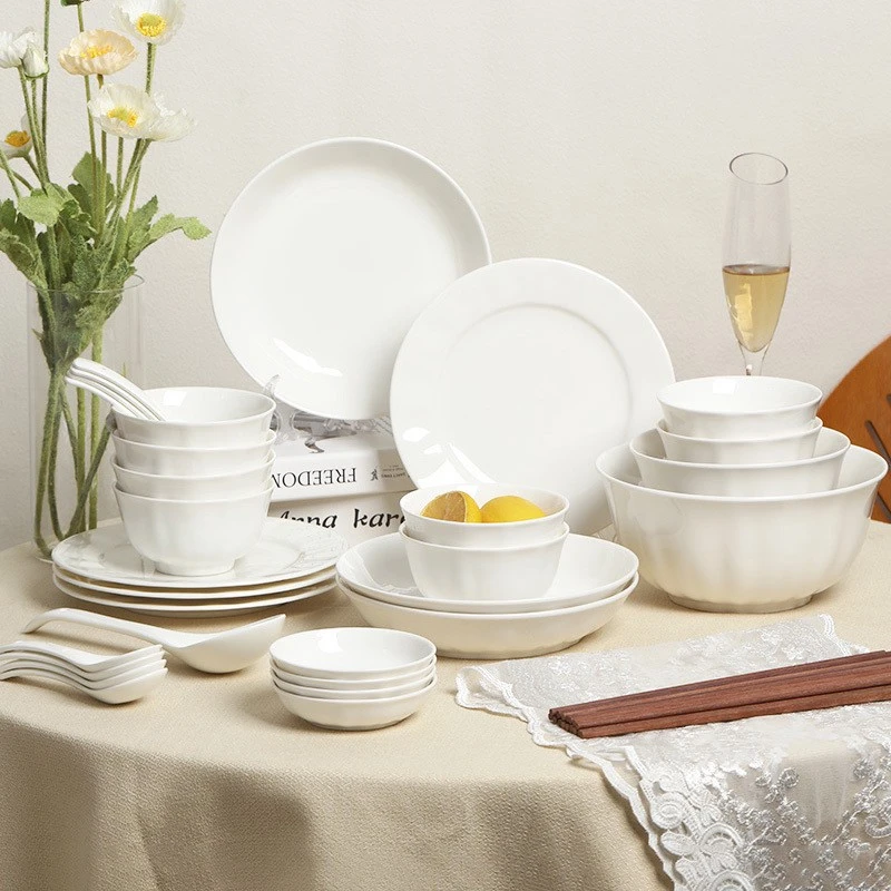 顺祥陶瓷纯白碗碟套装家用现代简约高级感饭碗釉下彩餐具乔迁碗盘