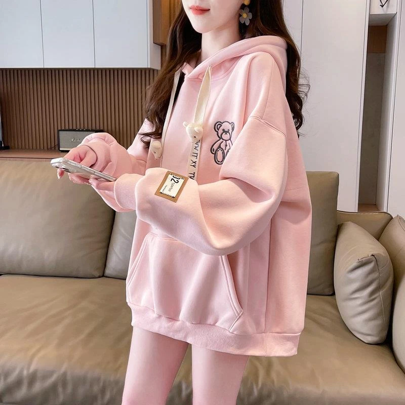 小个子卫衣女秋冬2025新款韩版宽松大码加绒加厚小熊连帽上衣外套