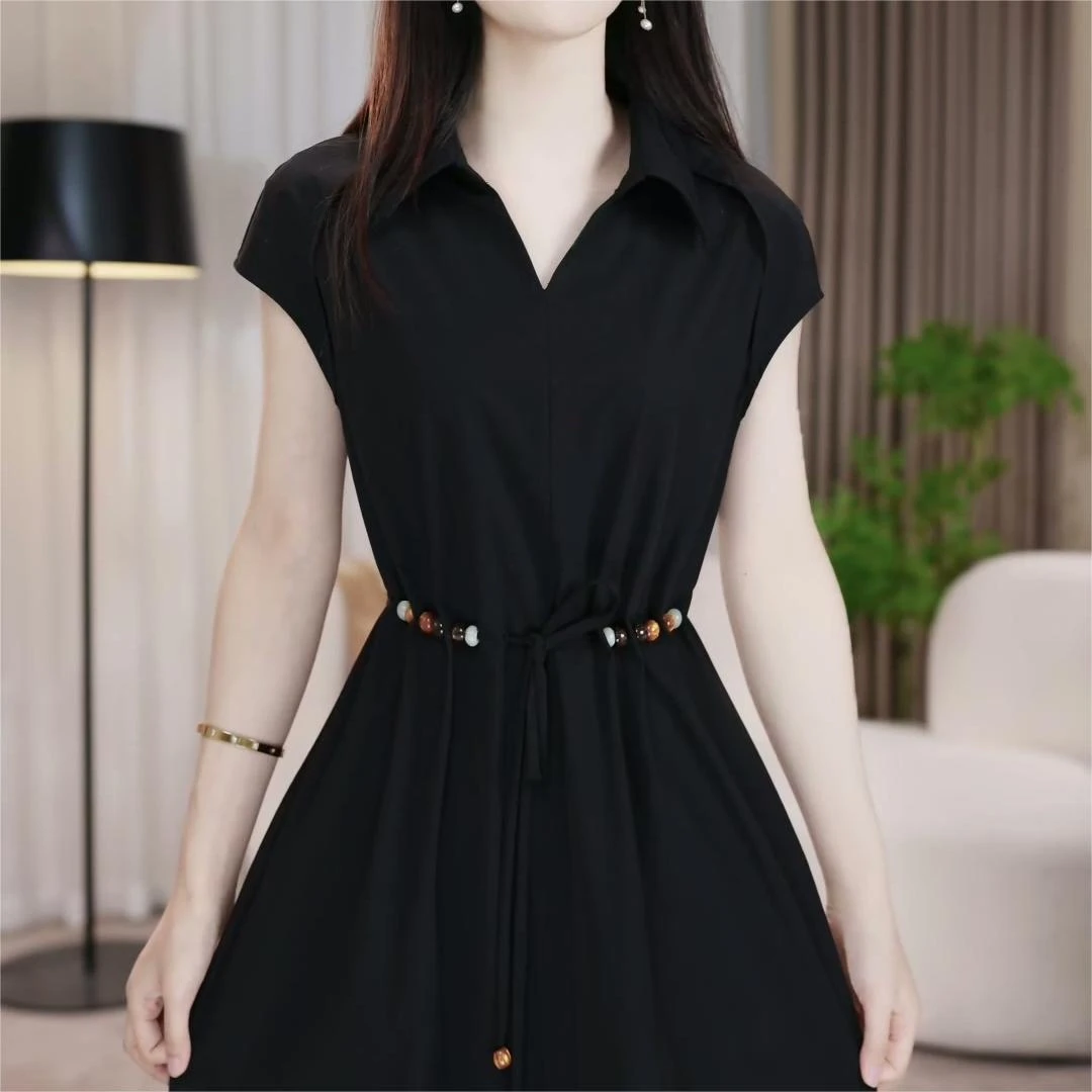 2025夏季新款时尚简约冰丝四面弹休闲收腰遮肚洋气修身显瘦连衣裙