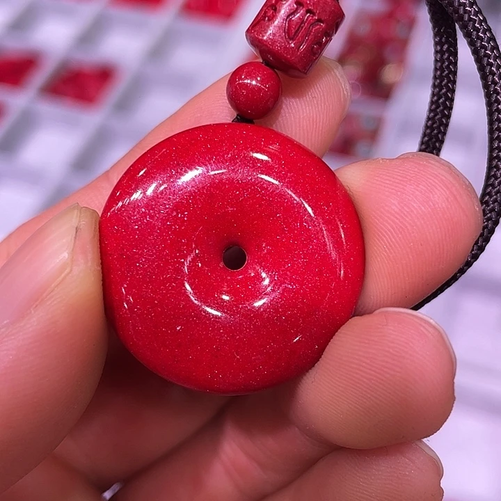 天然辰砂红晶砂平安扣吊坠