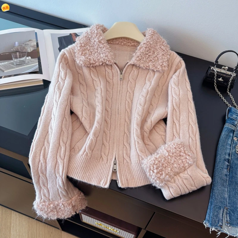 设计感显瘦韩系保暖毛绒绒翻领毛衣外套女秋冬新款气质显瘦外穿洋