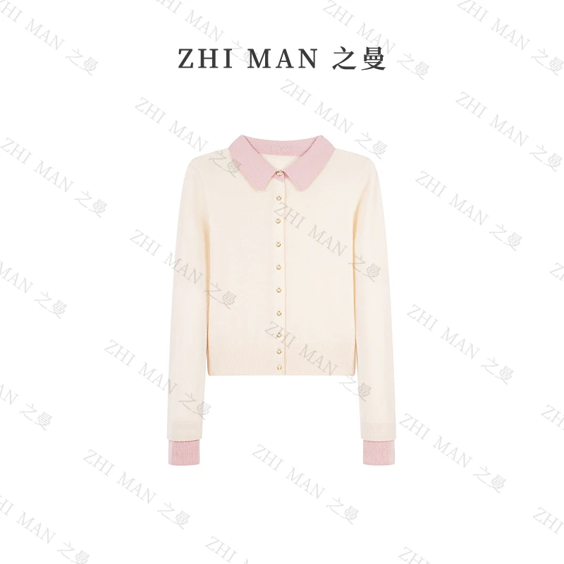 之曼ZM【魅力千金】轻奢气质100%绵羊毛拼接翻领时尚开衫