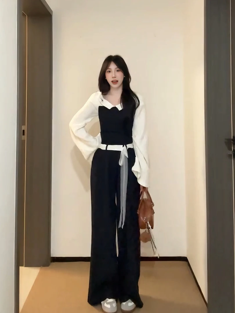 2025秋季新款韩系通勤穿搭气质衬衫上衣高腰休闲阔腿裤时尚两件套