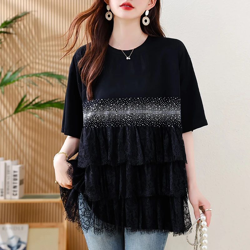 蕾丝拼接烫钻T恤女2025夏季洋气设计感百搭休闲棉质上衣