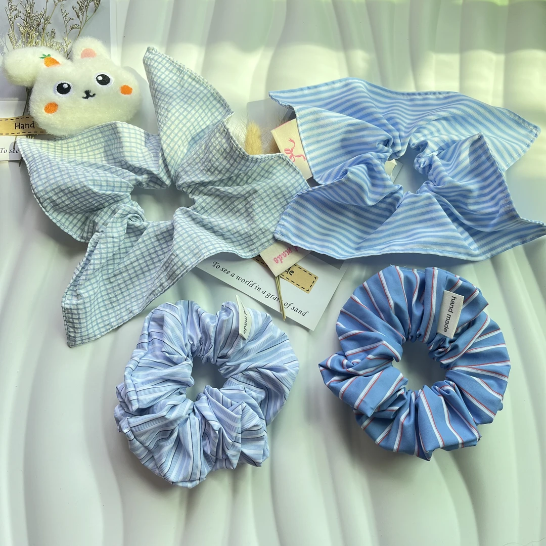 蓝色系条纹大肠发圈发绳2025春款布艺高级感扎头绳头花女发饰