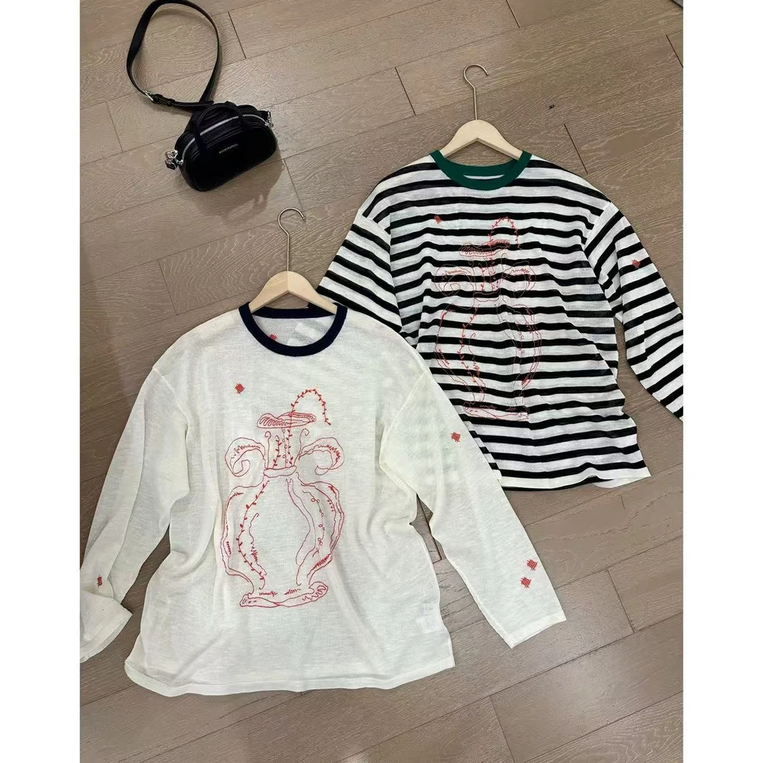 小静静一会【刺绣花瓶针织衫】2025春夏圆领宽松上衣 2503C1351