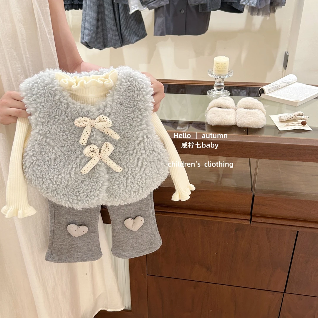 【咸柠七】女童羊羔毛马甲秋冬季甜美蝴蝶结背心外套韩版喇叭裤套装