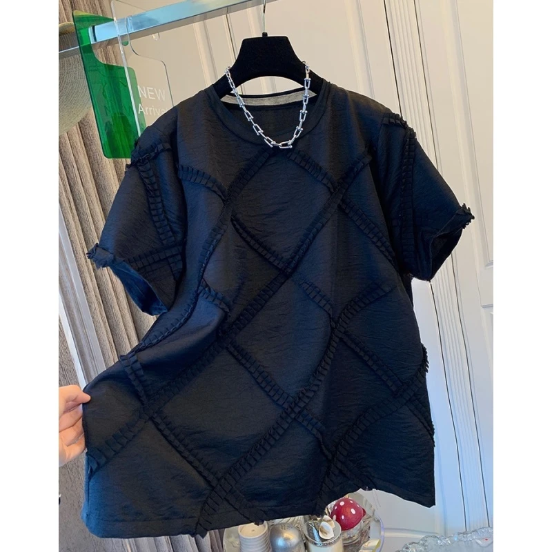P094独特超好看法式花边菱格短袖T恤宽松时尚衬衫上衣女夏季新款