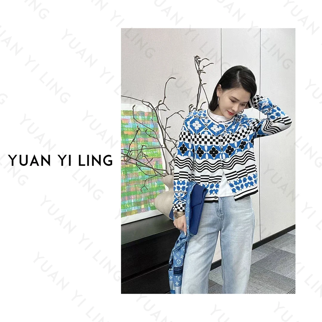 袁艺灵【V家蓝色假期】桑蚕丝撞色艺术几何图针织开衫秋冬~