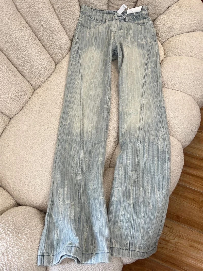 纹理提花微喇牛仔裤女2025春夏新款无弹宽松显瘦垂感马蹄拖地长裤