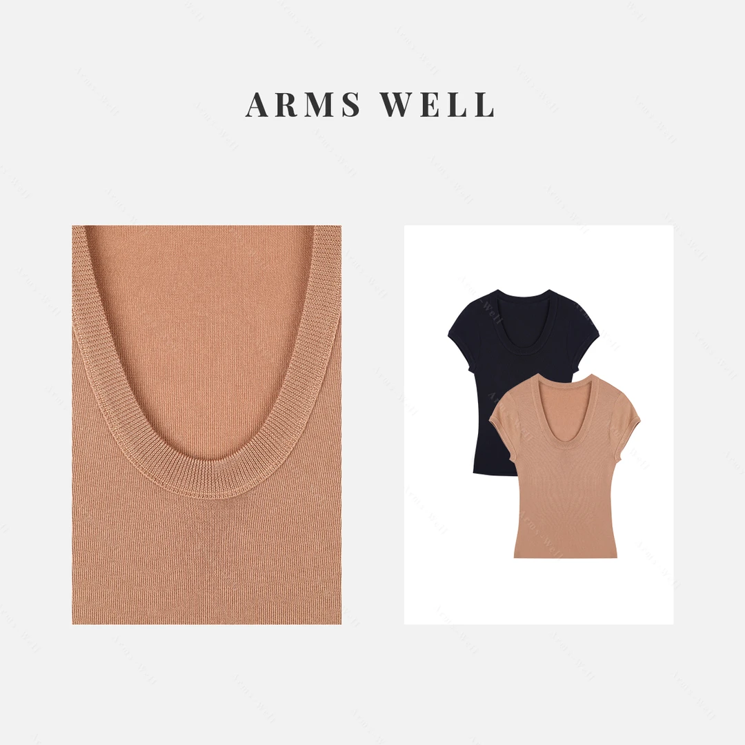 ARMS WELL王囡囡 咖色/藏青色莱赛尔韩系u领小飞袖修身上衣 S73