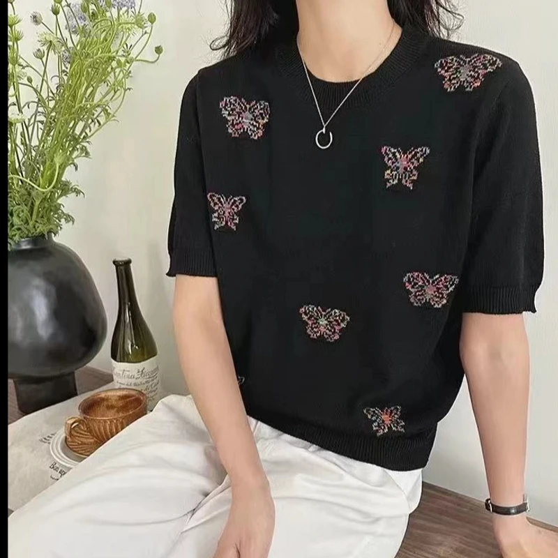 设计感彩虹蝴蝶提花精纺针织短袖T恤女夏季新款显瘦百搭打底