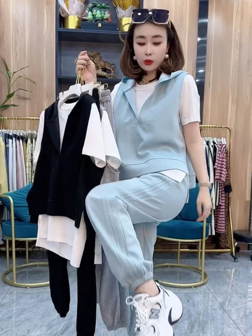 休闲运动套装女2025连帽马甲短袖裤子三件套宽松显瘦减龄时尚洋气