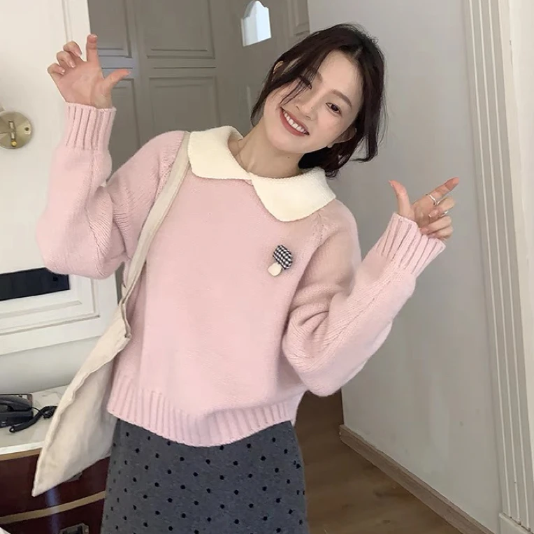 1清仓 小蘑菇娃娃领毛衣套头女秋冬新款针织衫上衣减龄