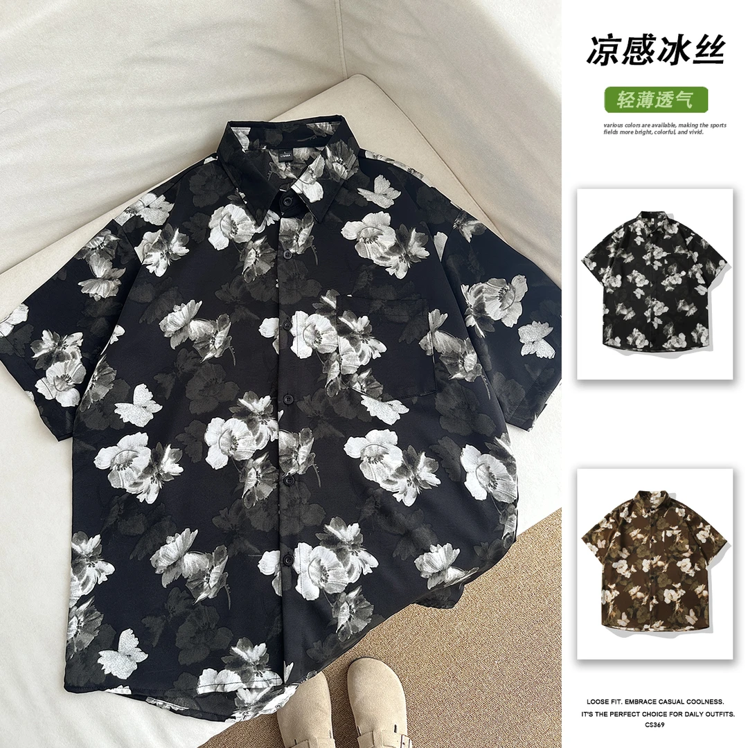 夏季冰丝短袖衬衫痞帅短袖衬衣高级感宽松情侣款休闲度假短袖上衣