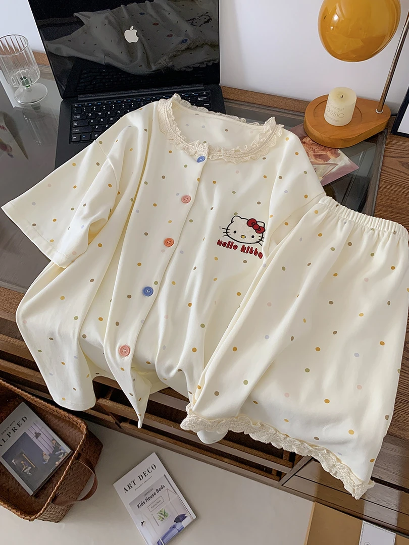 甜美彩点KT猫纯棉睡衣女2025新款夏季开衫ins蕾丝花边短袖家居服