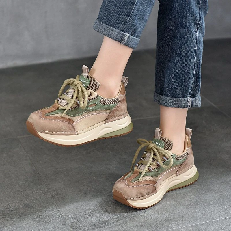 2025春季新款运动风系带休闲鞋真皮轻便厚底拼色女鞋复古手工单鞋