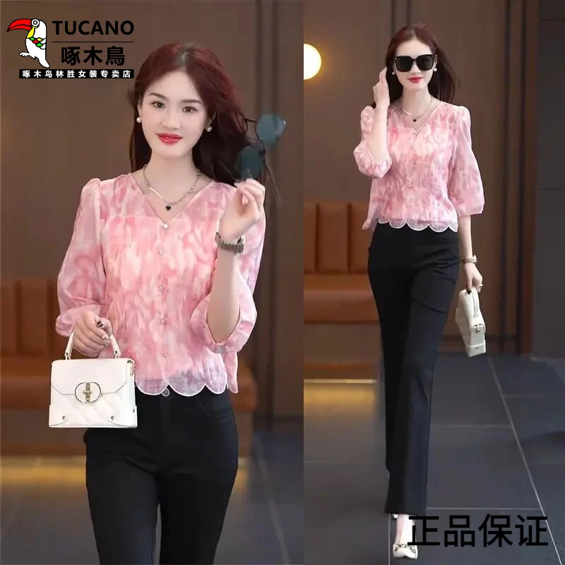 啄木鸟洋气衬衫女2025春季新款时尚百搭气质印花小衫宽松显瘦中袖