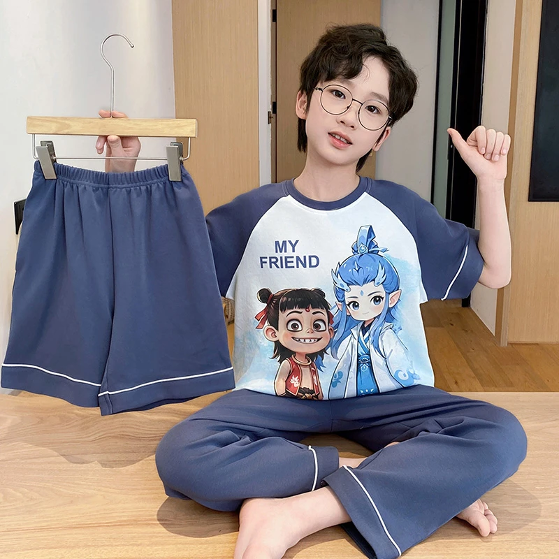 YUZHAOLIN/俞兆林短袖纯棉男童夏季新品卡通洋气可外穿睡衣三件套