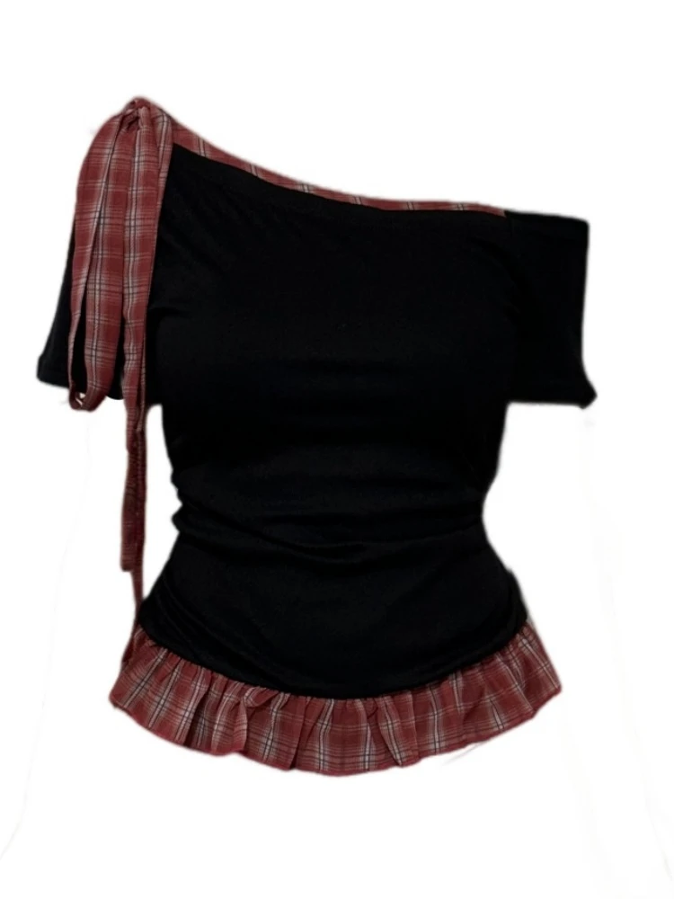 【Amy家】微胖mm纯欲风格子拼接斜领短袖T恤女设计感荷叶边显瘦上衣