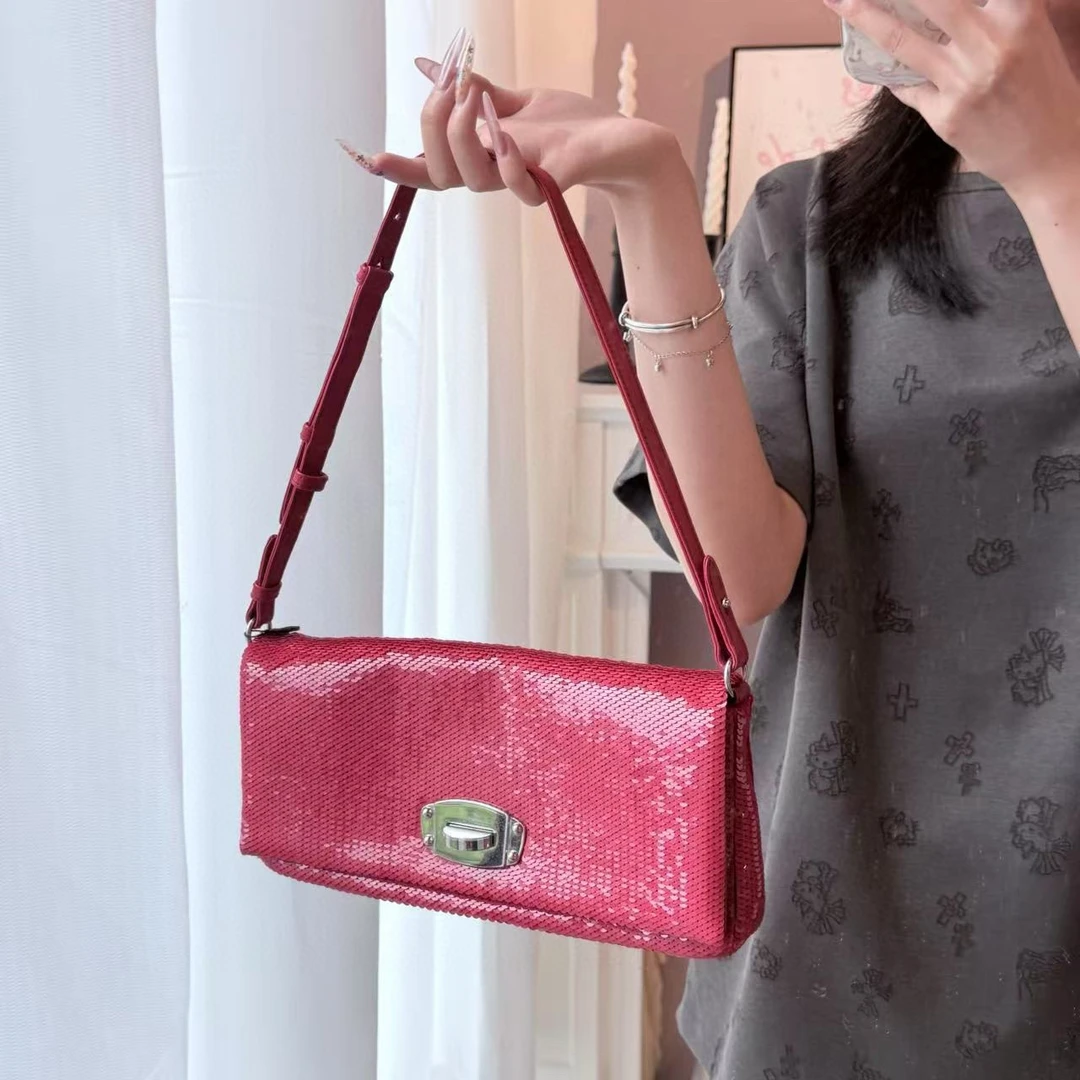 95新 MIU MIU/缪缪 miumiu明艳红亮片单肩腋下包