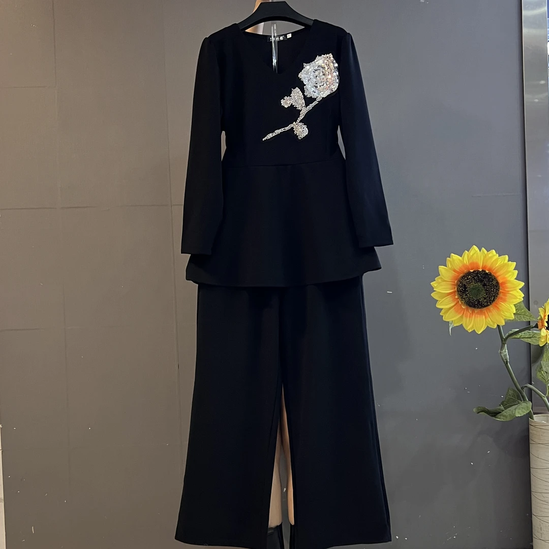 秋季新款时尚立体装饰花朵高级感气质上衣搭配长裤显瘦套装8128