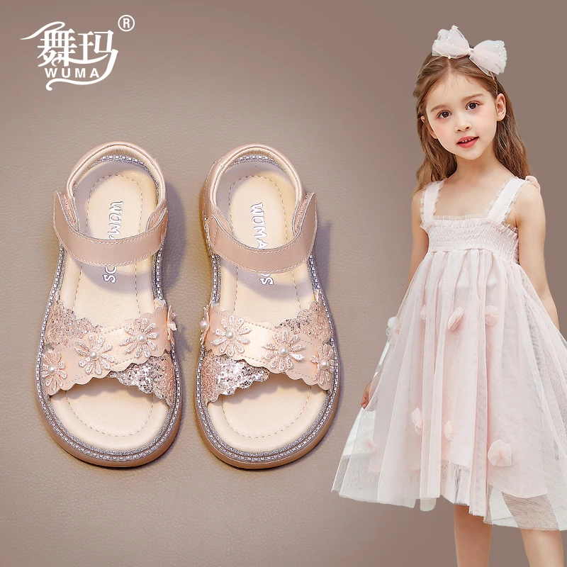 舞玛女童公主鞋2025新款夏季小女孩露趾软底花朵时尚单鞋528261