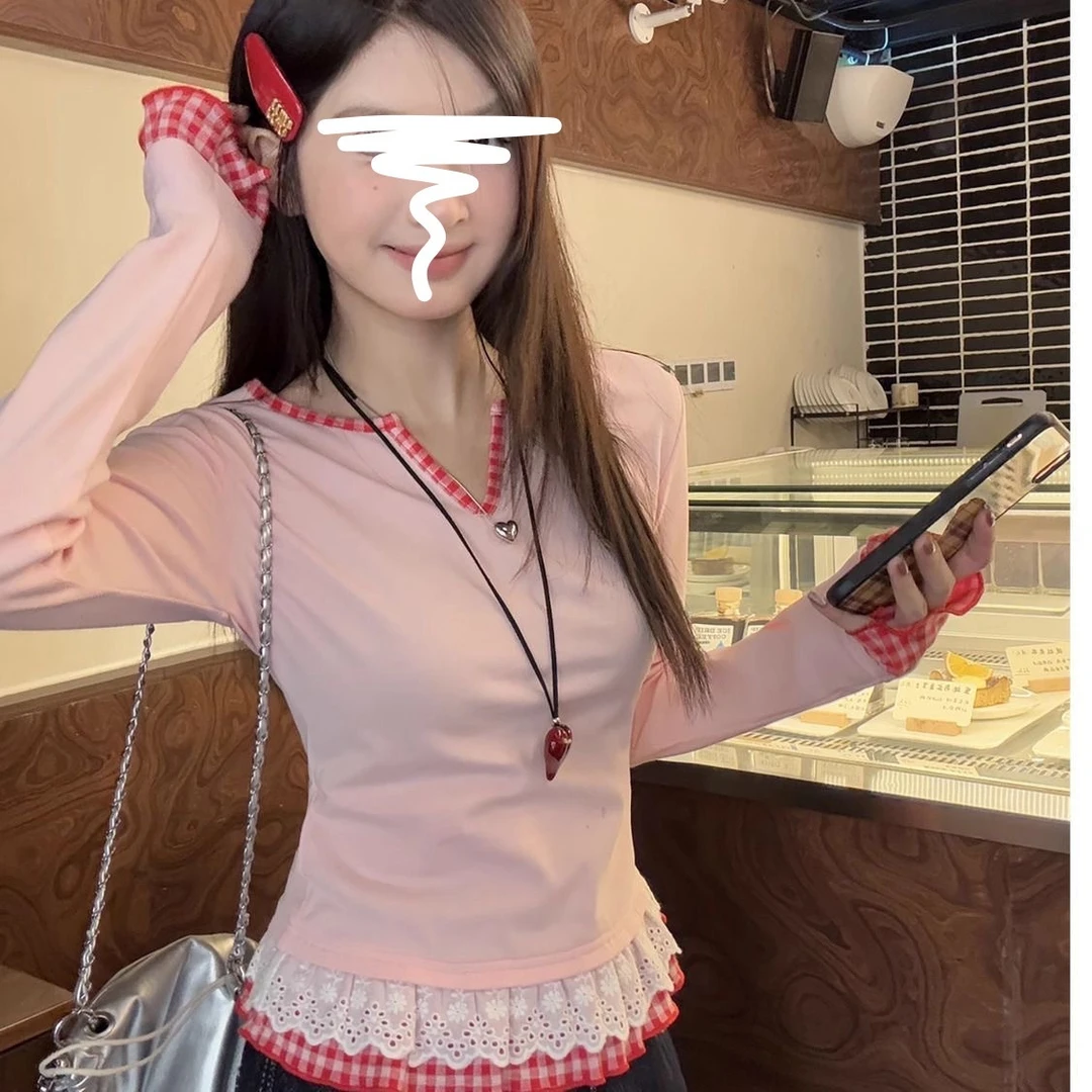 粉色假两件长袖T恤女春秋蕾丝拼接格子内搭打底衫绝美修身小上衣