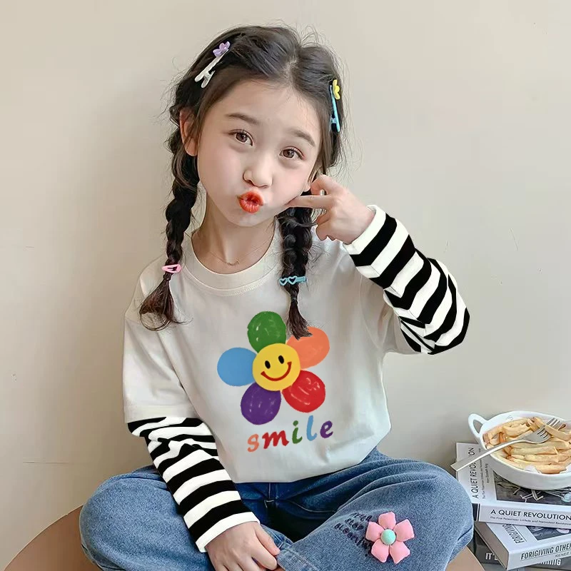 女童长袖t恤春秋季2025新款假两件小女孩宝宝上衣儿童秋装打底衫T