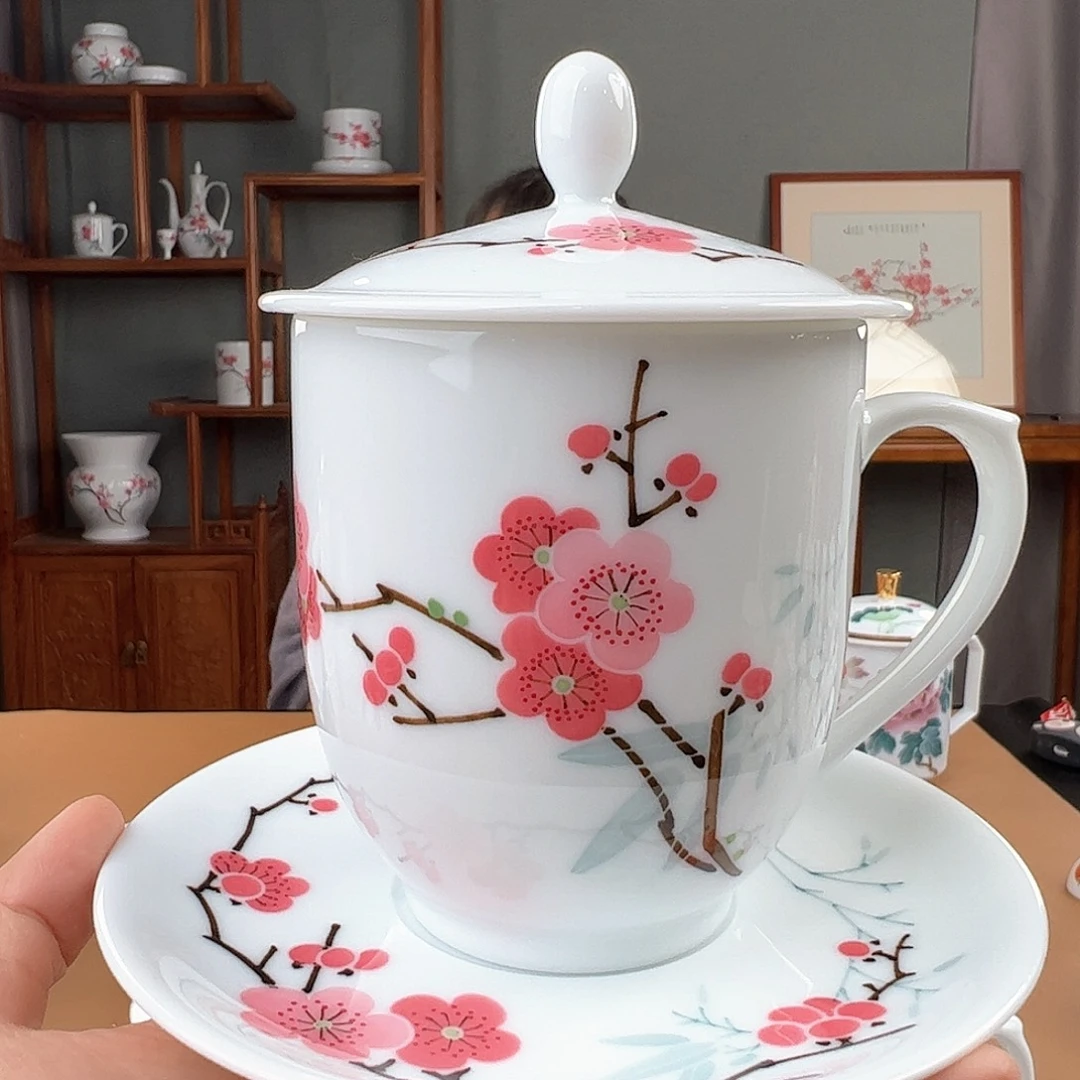 瓷翠竹红梅2号办公杯，茶福利款