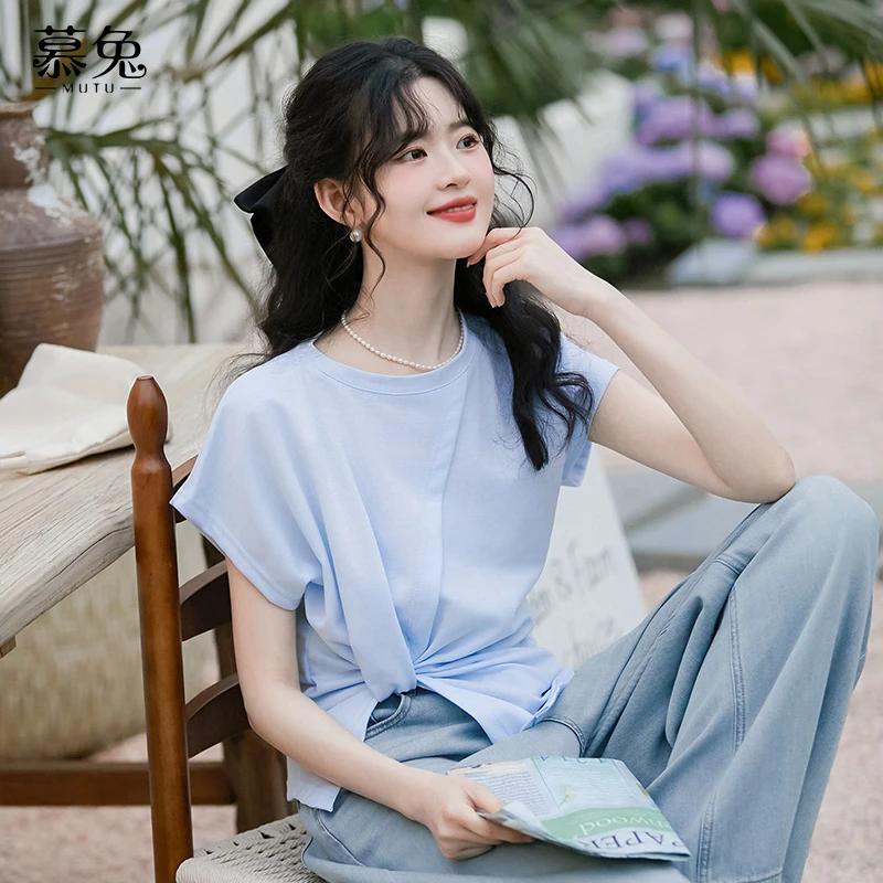 慕兔法式圆领不规则短袖t恤女2025夏新款设计感小众漂亮正肩上衣