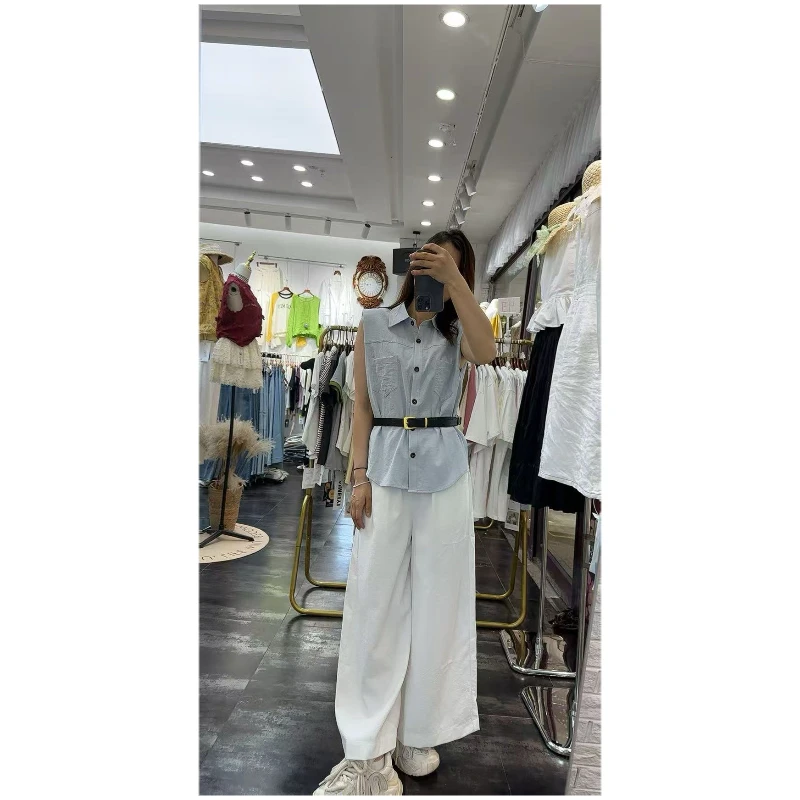 夏季新品气质高档无袖收腰衬衣衬衫阔腿裤两件套女通勤商务减龄潮