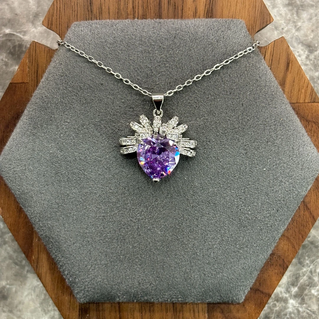 钛钢锆石吊坠 女王紫爱心戒指项链组合（Dragon/卓光925银合成锆石