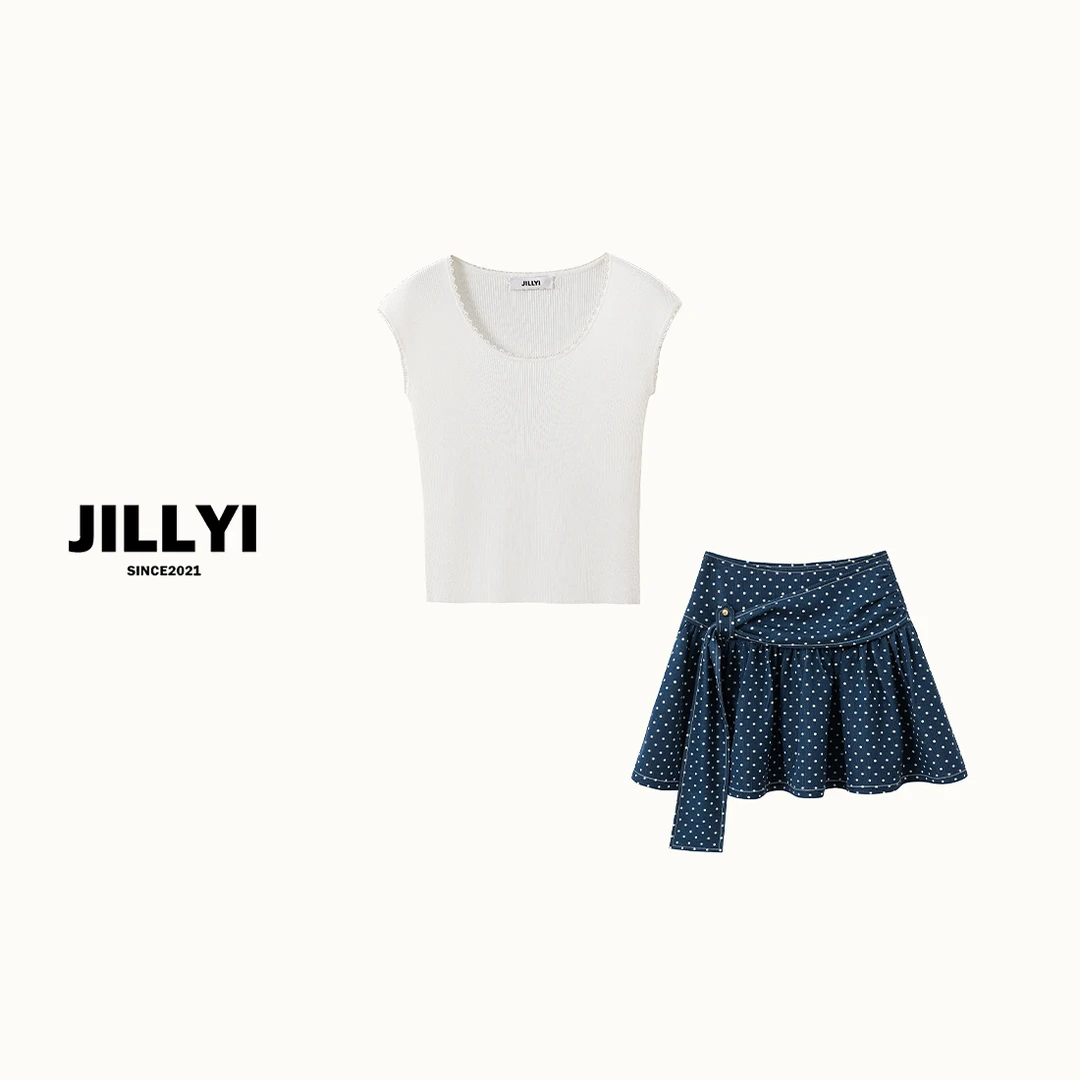 jillyi【诗意蓝月】+【波点舞曲】白色简约针织上衣+藏蓝色半裙套装