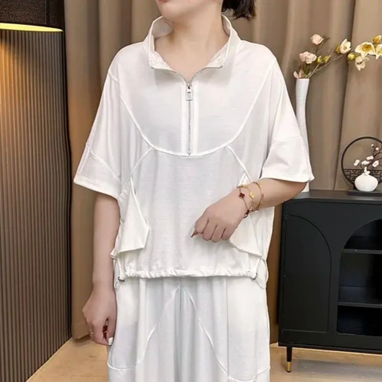 夏季新款纯色气质半拉链领设计感下摆抽绳T恤宽松休闲百搭上衣女