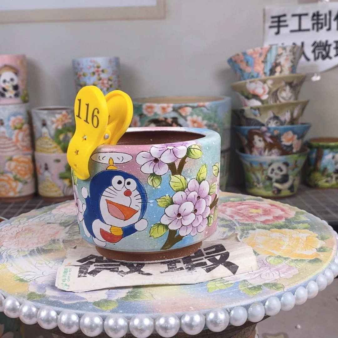 紫砂花盆红陶手绘花盆
