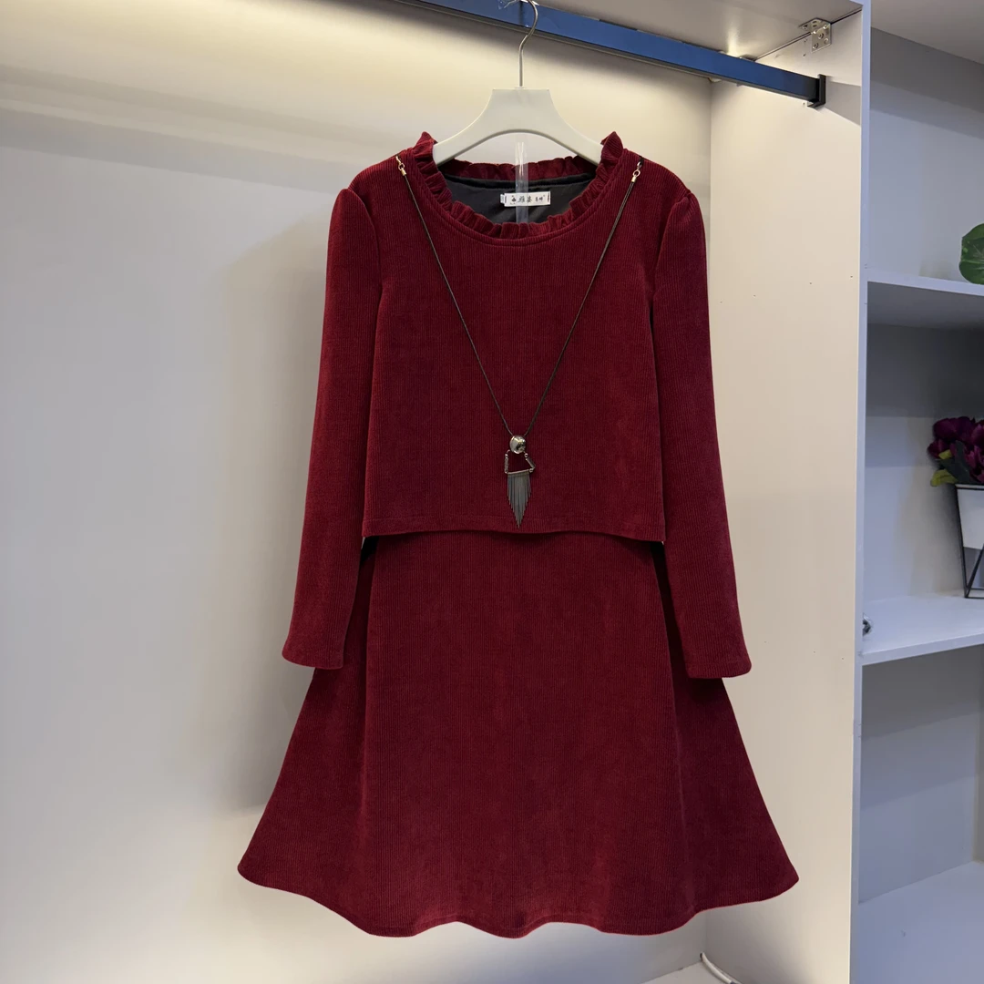 欧货大码新款假两件设计感显瘦气质时尚连衣裙(裙长90)