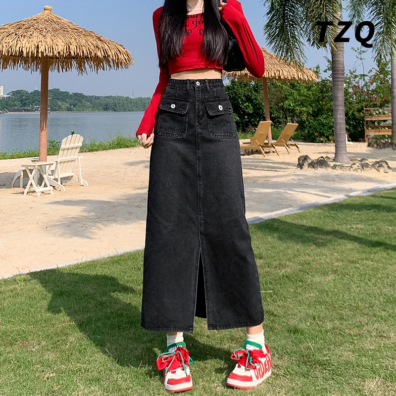 灰黑色牛仔半身裙女夏季中长款美式高腰a字开叉包臀裙TZQ2551001