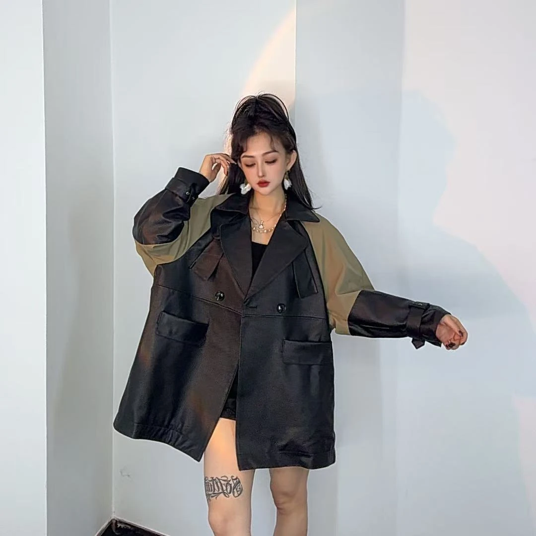 LL【女王优选】潮品时尚春季秀款外套58017皮衣拼接长款中长款