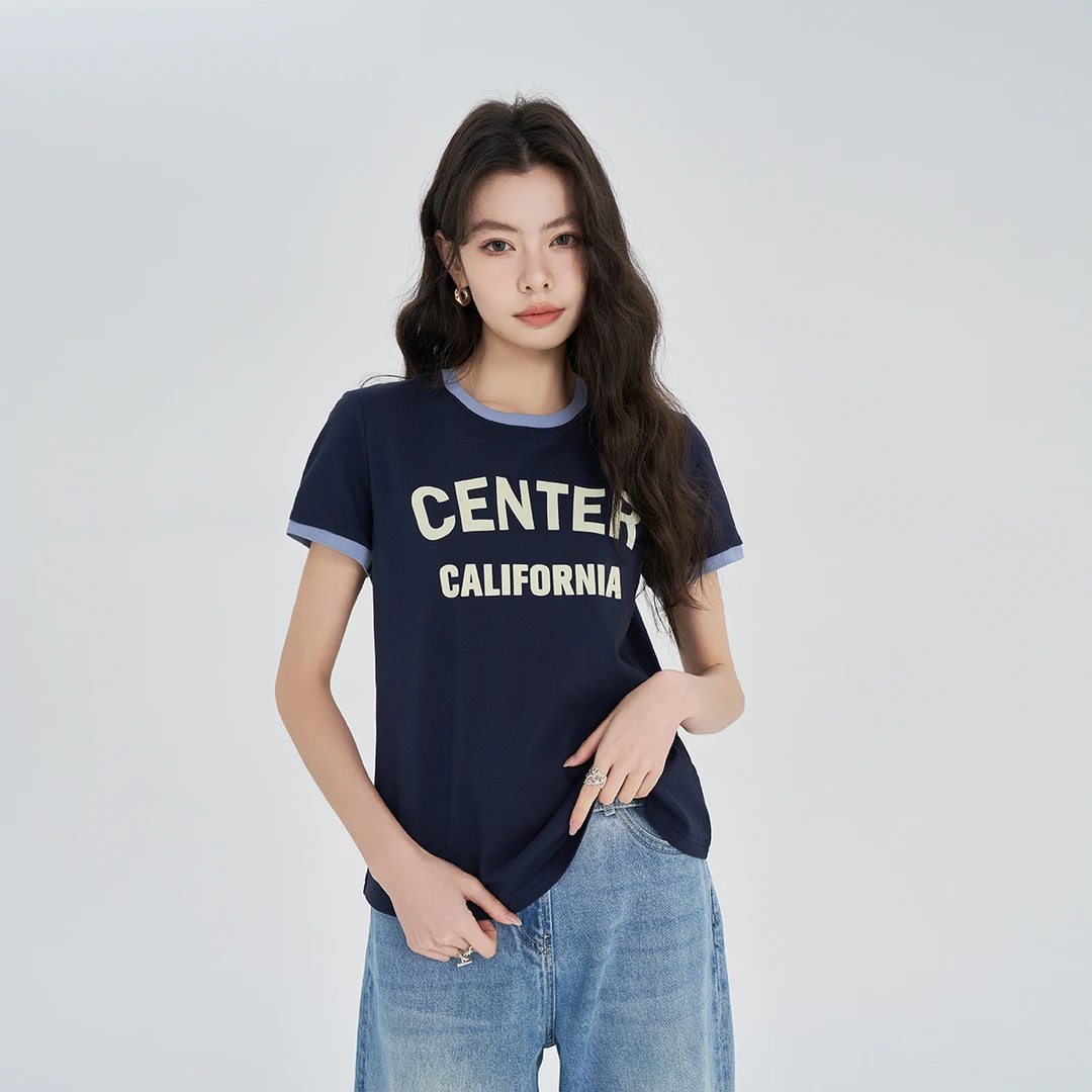 Moprobably「中心T」春夏新品字母植绒印花经典撞色设计T恤L4247021