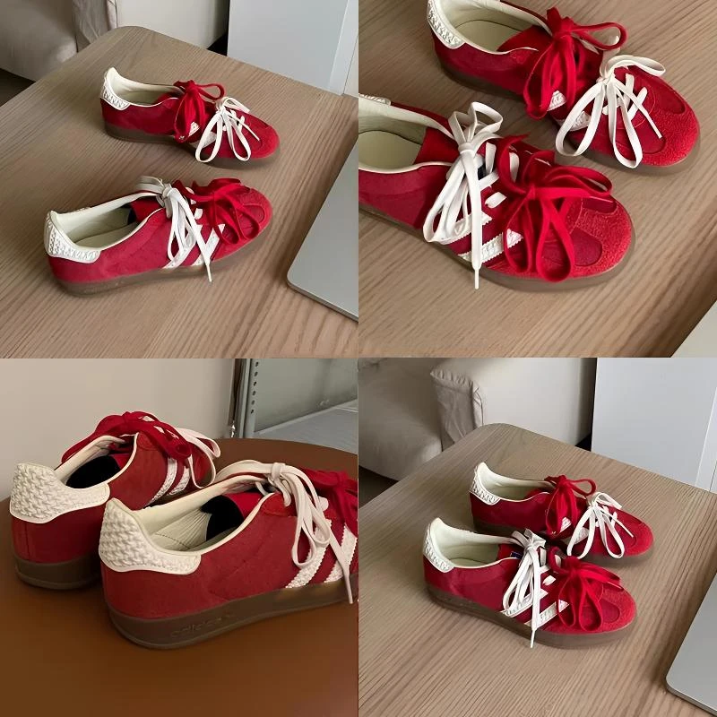 【苏茵茵同款】红色德训鞋女新款内增高真皮拼色圆头斜杠休闲板鞋春