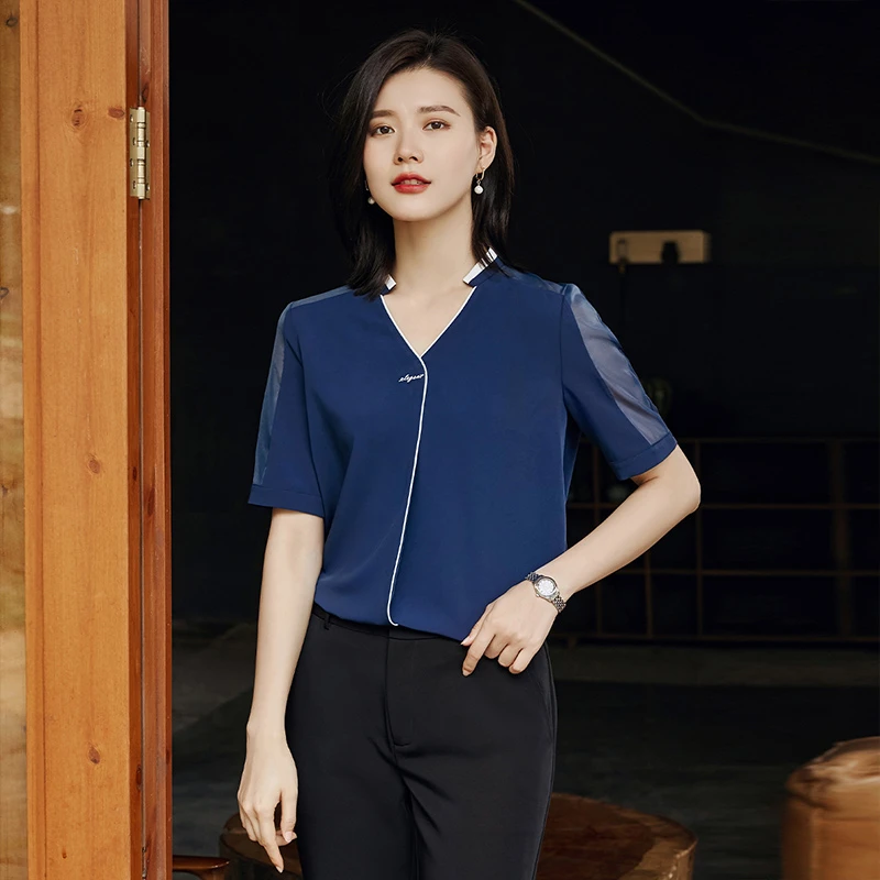 【夏日清仓】90573藏青色衬衫女设计感夏季新款宽松洋气上衣