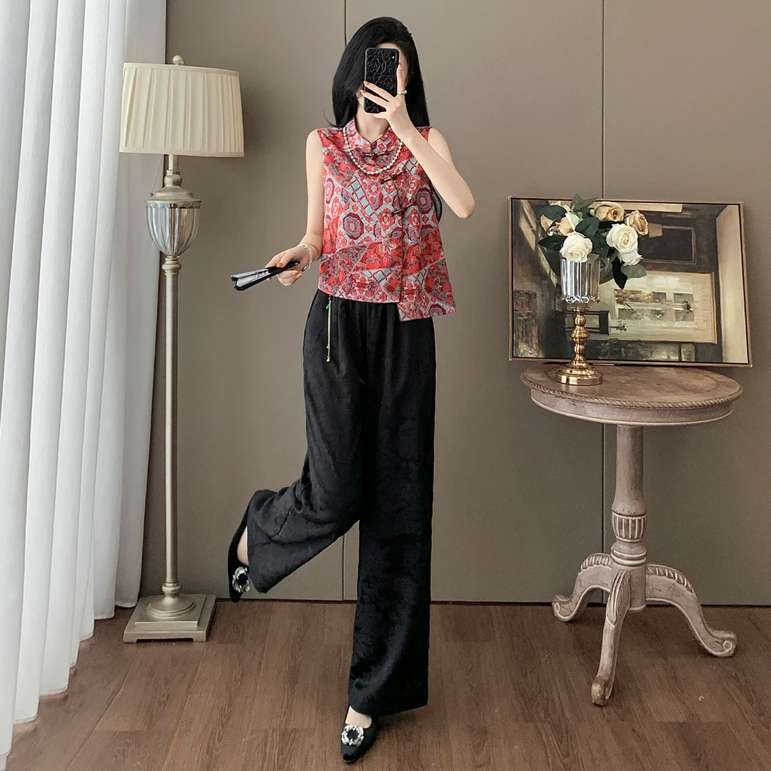 时尚气质套装民族风立领提花无袖上衣阔腿裤两件套女夏季新款唐装