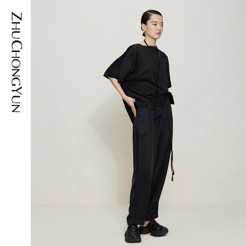 ZHUCHONGYUN秋亚麻高腰女士气质黑色茧形长裤C1DE35155