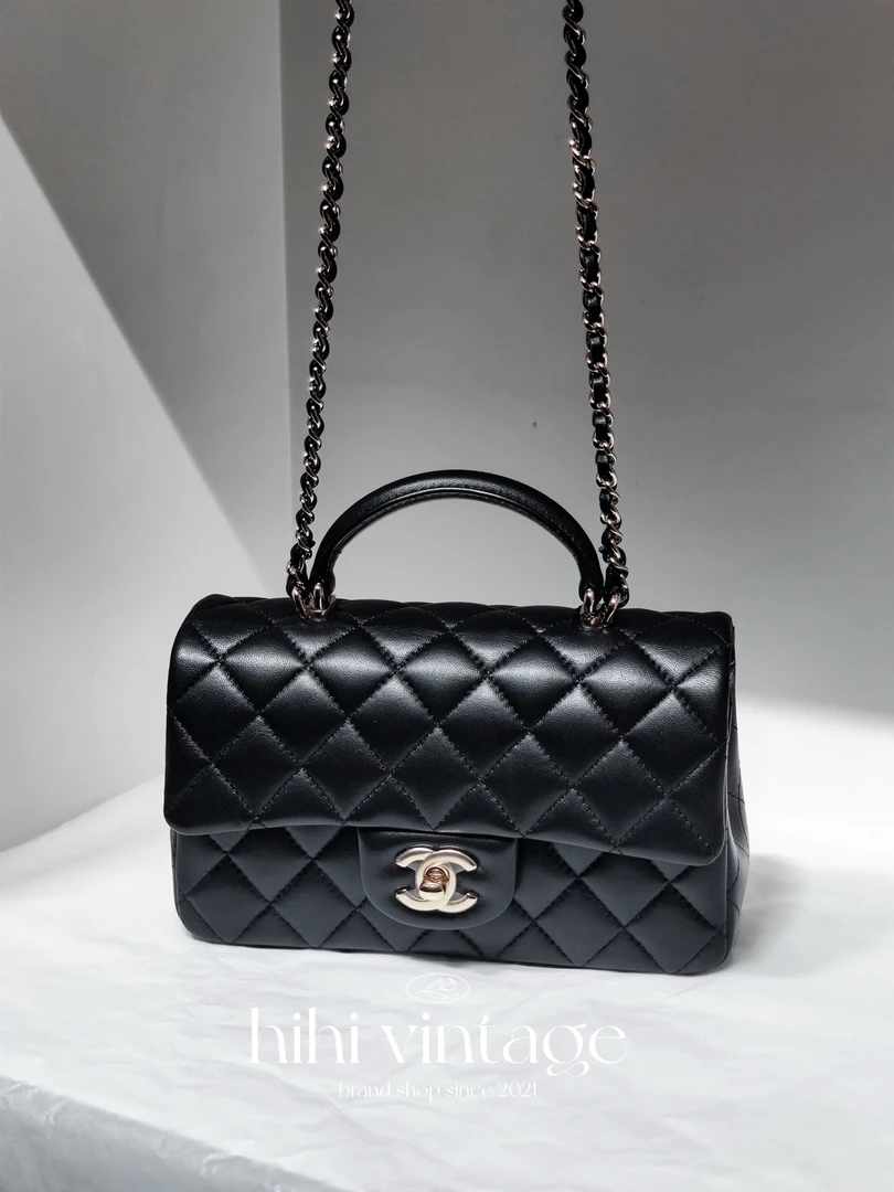 99新 Chanel/香奈儿 黑金菱格纹手柄CF大mini链条包 17811133一店