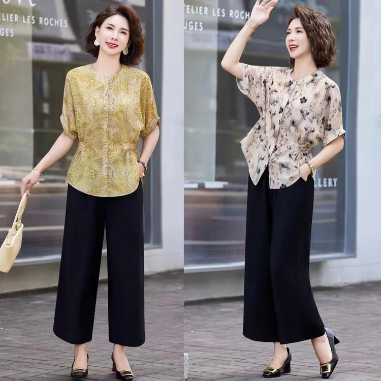 中老年女装中式复古妈妈开衫套装衬衫裤子失序混搭风