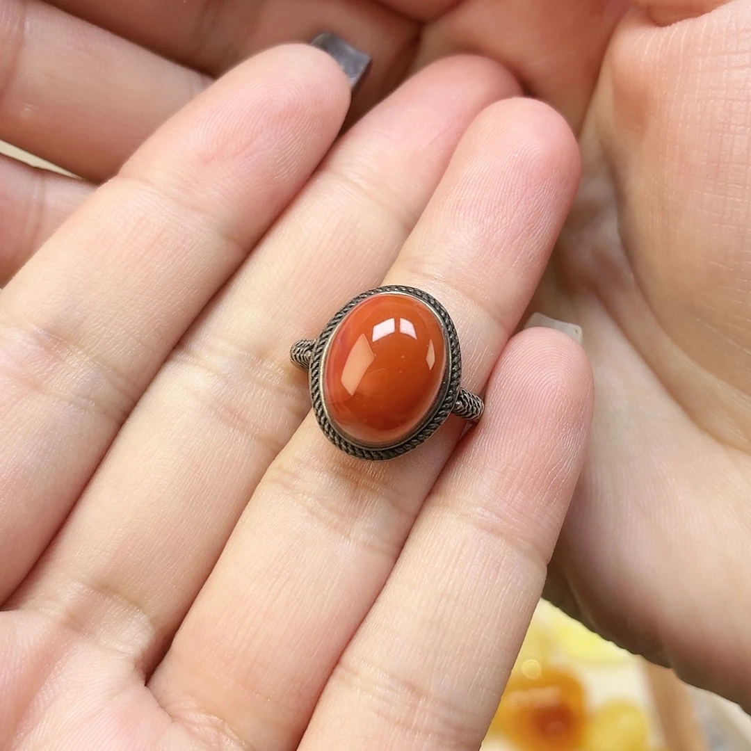 南红玛瑙银S925镶嵌戒指